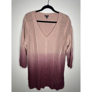 Torrid Sweater Womens 2X Pink Ombre V Neck Open Knit 3/4 Sleeve Cable Tunic